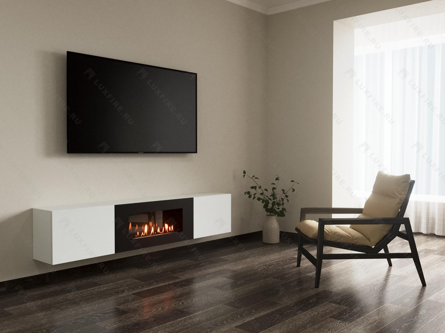 Тумба ТВ Lux Fire "Енисей" настенная 2000 матовая, белая с биокамином 900 по цене 92 997 руб.
